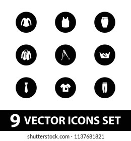 Textile icon. collection of 9 textile filled icons such as laundry, singlet, blouse, skirt, sewing, tie, underpants, dirty laundry. editable textile icons for web and mobile.