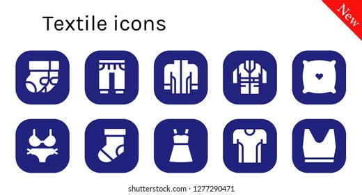  textile icon set. 10 filled textile icons. Simple modern icons about  - Socks, Sweatpants, Jacket, Pillow, Bikini, Sock, Dress, Tshirt, Tank top