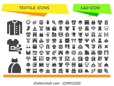  textile icon set. 120 filled textile icons. Simple modern icons about  - Cardigan, Dress, Shirt, Collar, Yarn ball, Clothes, Silk, Socks, Jacket, Vest, Tshirt, Layer, Shorts