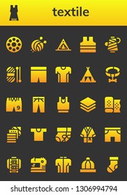 textile icon set. 26 filled textile icons.  Simple modern icons about  - Bobbin, Dress, Yarn ball, Tent, Sleeveless shirt, Thread, Wool, Shorts, Tshirt, Collar, Trousers, Clothes