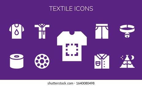 textile icon set. 9 filled textile icons.  Simple modern icons such as: Shirt, Bobbin, Bathrobe, Tissue, Tent, Collar, Short