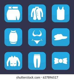 Textile icon. set of 9 filled textile icons such as bikini, singlet, underpants, skirt, jacket, bow tie