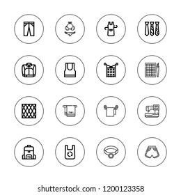 Textile icon set. collection of 16 outline textile icons with apron, bag, bikini, collar, knit, jacket, mat, napkin, shorts, tank top, trousers, sewing machine, tie icons.