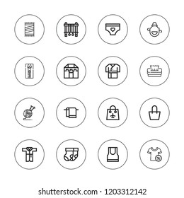 Textile icon set. collection of 16 outline textile icons with apron, bag, bathrobe, knitting, panties, robe, shirt, tissue, tank top, towel, socks, sewing machine, tent icons.