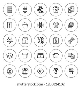 Textile icon set. collection of 25 outline textile icons with bag, atomic, bikini, carpet, fabric, knit, knitting, layer, jacket, napkin, pillow icons. editable icons.