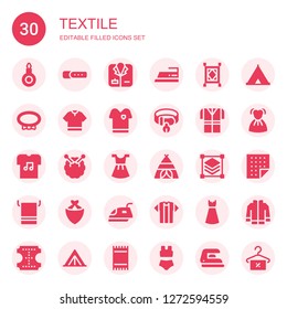 textile icon set. Collection of 30 filled textile icons included Threader, Collar, Coat, Iron, Carpet, Tshirt, Knitting, Dress, Tent, Layers, Towel, Kerchief, Fabric, Jacket, Leather