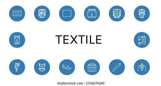 textile icon set. Collection of Pillow, Trench coat, Shorts, Jacket, Coat, Polka, Underwear, Visor, Moisturizing, Silkworm, Laundry, Trousers, Sewing machine icons