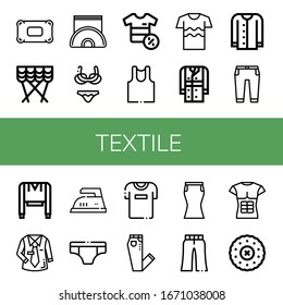 textile icon set. Collection of Pillow, Curtain, Napkin holder, Bikini, Shirt, Undershirt, Trench coat, Cardigan, Trousers, Sweatshirt, Uniform, Iron, Underwear, Tshirt icons