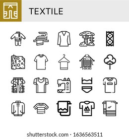 textile icon set. Collection of Short, Clothes, Iron, Blouse, Camouflage, Carpet, Fabric, Tshirt, Towel, Knitting, Textile, Jeans, Sport shirt, Sewing machine, Underwear icons