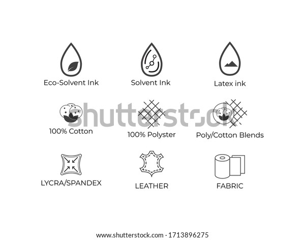 Textile Icon Set of Eco-Solvent\
Ink, Latex Inc, Cotton, Polyatomic, Spandex, Lather,\
Fabric