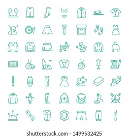 textile icons. Editable 49 textile icons. Included icons such as Seam, Jeans, Chino Shorts, Leather, Vest, Crease, Sewing, Yarn ball, Hooded Jacket. textile trendy icons for web.