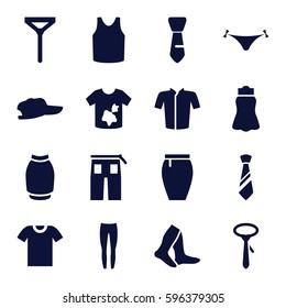textile icons set. Set of 16 textile filled icons such as panties with heart, dirty laundry, socks, singlet, underpants, jacket, tie, pants, skirt, t-shirt