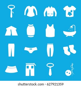 Textile icons set. set of 16 textile filled icons such as tent, baby socks, needle button, shower, dirty laundry, female underwear, singlet, underpants, blouse, tie, pants