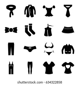 Textile icons set. set of 16 textile filled icons such as bikini, shirt, socks, female underwear, underpants, blouse, tie, jumpsuit, pants, skirt, jacket, bow tie