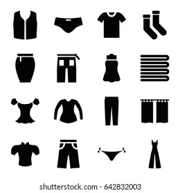 Textile icons set. set of 16 textile filled icons such as towels, panties with heart, socks, blouse, sleeveless shirt, pants, jumpsuit, skirt, curtain, man swim wear
