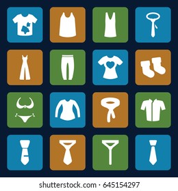 Textile icons set. set of 16 textile filled icons such as baby socks, bikini, dirty laundry, singlet, underpants, jacket, blouse, tie, jumpsuit