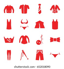 Textile icons set. set of 16 textile filled icons such as tent, panties with heart, bikini, needle button, laundry, singlet, underpants, jacket, blouse, pants, bow tie, tie