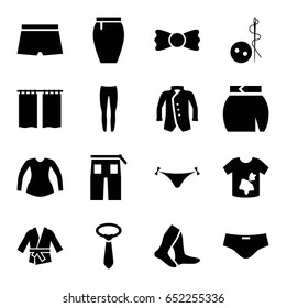 Textile icons set. set of 16 textile filled icons such as panties with heart, needle button, dirty laundry, socks, underpants, blouse, tie, pants, skirt, jacket, bow tie