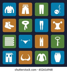 Textile icons set. set of 16 textile filled icons such as towels, panties with heart, bra, needle button, socks, underpants, blouse, tie, pants, jumpsuit, skirt