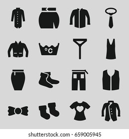 Textile icons set. set of 16 textile filled icons such as baby socks, laundry, socks, singlet, jacket, sleeveless shirt, tie, pants, skirt, bow tie