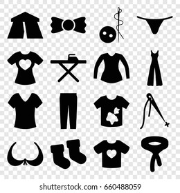 Textile icons set. set of 16 textile filled icons such as tent, baby socks, bra, needle button, shirt, ironing table, dirty laundry, female underwear, blouse, tie, pants