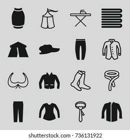 Textile icons set. set of 16 textile filled and outline icons such as tent, towels, underpants, jacket, blouse, pants, skirt, bra, ironing table, socks, tie