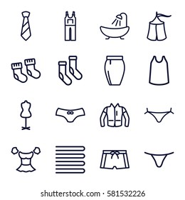 textile icons set. Set of 16 textile outline icons such as baby socks, towels, panties with heart, shower, mannequin, socks, female underwear, singlet, blouse, jumpsuit, skirt
