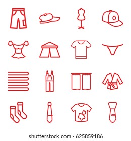 Textile icons set. set of 16 textile outline icons such as tent, towels, dirty laundry, mannequin, socks, female underwear, blouse, pants, jumpsuit, baseball cap, tie, curtain