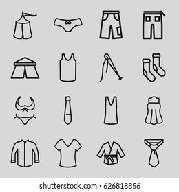 Textile icons set. set of 16 textile outline icons such as tent, bikini, shirt, socks, female underwear, singlet, jacket, tie, pants, skirt, kimono