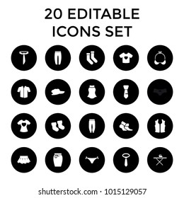 Textile icons. set of 20 editable filled textile icons such as baby socks, socks, underpants, tie, baseball cap. best quality textile elements in trendy style.
