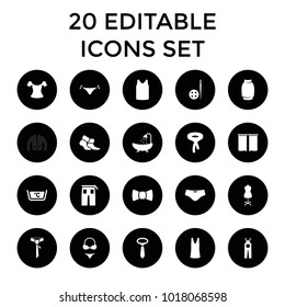 Textile icons. set of 20 editable filled textile icons such as panties with heart, shower, singlet, tie, pants, curtain. best quality textile elements in trendy style.