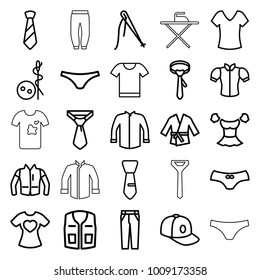 Textile icons. set of 25 editable outline textile icons such as needle button, shirt, female underwear, jacket, blouse, sleeveless shirt, tie, pants, baseball cap, sewing