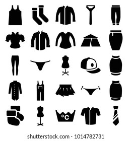 Textile icons. set of 25 editable filled textile icons such as panties with heart, laundry, mannequin, socks, female underwear, jacket, blouse, jumpsuit, skirt, baseball cap