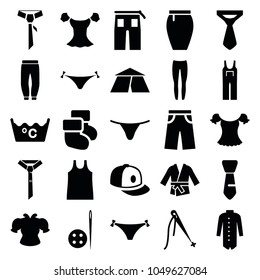 Textile icons. set of 25 editable filled textile icons such as panties with heart, laundry, female underwear, underpants, blouse, tie, pants, jumpsuit, skirt, baseball cap