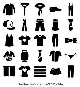 Textile icons set. set of 25 textile filled icons such as towels, panties with heart, singlet, underpants, jacket, tie, pants, jumpsuit, skirt, baseball cap, bow tie
