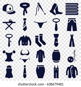 Textile icons set. set of 25 textile filled icons such as towels, bikini, needle button, ironing table, socks, female underwear, blouse, tie, pants, jumpsuit, skirt