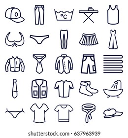 Textile icons set. set of 25 textile outline icons such as towels, panties with heart, bra, shower, shirt, ironing table, laundry, socks, female underwear, singlet, underpants