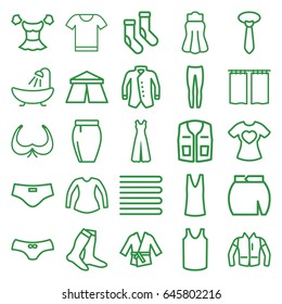 Textile icons set. set of 25 textile outline icons such as tent, towels, bra, shower, socks, female underwear, singlet, underpants, blouse, sleeveless shirt, tie, jumpsuit