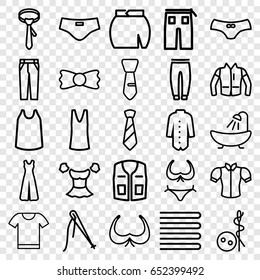 Textile icons set. set of 25 textile outline icons such as towels, bra, bikini, needle button, shower, female underwear, singlet, underpants, blouse, sleeveless shirt, tie