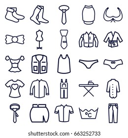 Textile icons set. set of 25 textile outline icons such as bra, ironing table, laundry, mannequin, socks, female underwear, singlet, jacket, blouse, sleeveless shirt, tie