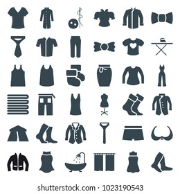 Textile icons. set of 36 editable filled textile icons such as tent, towels, bra, needle button, shower, shirt, socks, singlet, jacket, tie, pants, skirt, bow tie, curtain