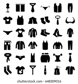 Textile icons set. set of 36 textile filled icons such as tent, baby socks, panties with heart, bra, dirty laundry, mannequin, socks, female underwear, singlet, underpants