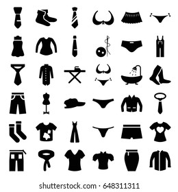 Textile icons set. set of 36 textile filled icons such as panties with heart, bra, bikini, needle button, shower, shirt, ironing table, dirty laundry, mannequin, socks