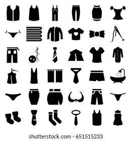 Textile icons set. set of 36 textile filled icons such as tent, baby socks, towels, panties with heart, bra, needle button, shower, shirt, socks, female underwear, singlet