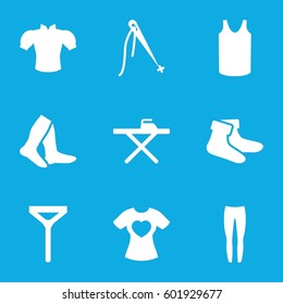 textile icons set. Set of 9 textile filled icons such as ironing table, socks, singlet, underpants, blouse, tie, t-shirt with heart