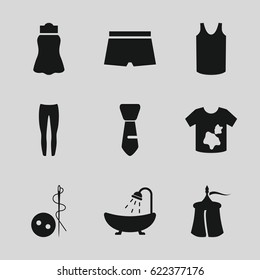 Textile icons set. set of 9 textile filled icons such as needle button, shower, dirty laundry, singlet, underpants, skirt, tie, man swim wear