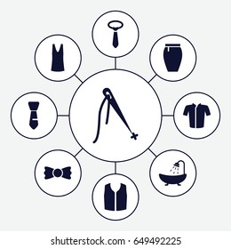 Textile icons set. set of 9 textile filled icons such as shower, singlet, jacket, sleeveless shirt, tie, skirt, bow tie