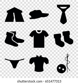 Textile icons set. set of 9 textile filled icons such as tent, baby socks, needle button, socks, female underwear, blouse, tie, t-shirt