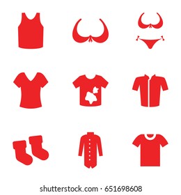 Textile icons set. set of 9 textile filled icons such as baby socks, bra, bikini, shirt, dirty laundry, singlet, jacket