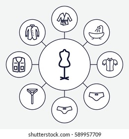 textile icons set. Set of 9 textile outline icons such as shower, mannequin, female underwear, blouse, sleeveless shirt, tie, jacket, man swim wear